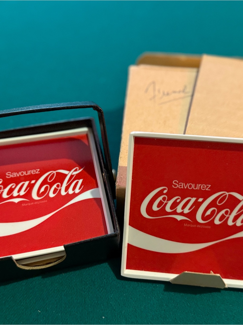Coca Cola Red and White Square Coaster Pair